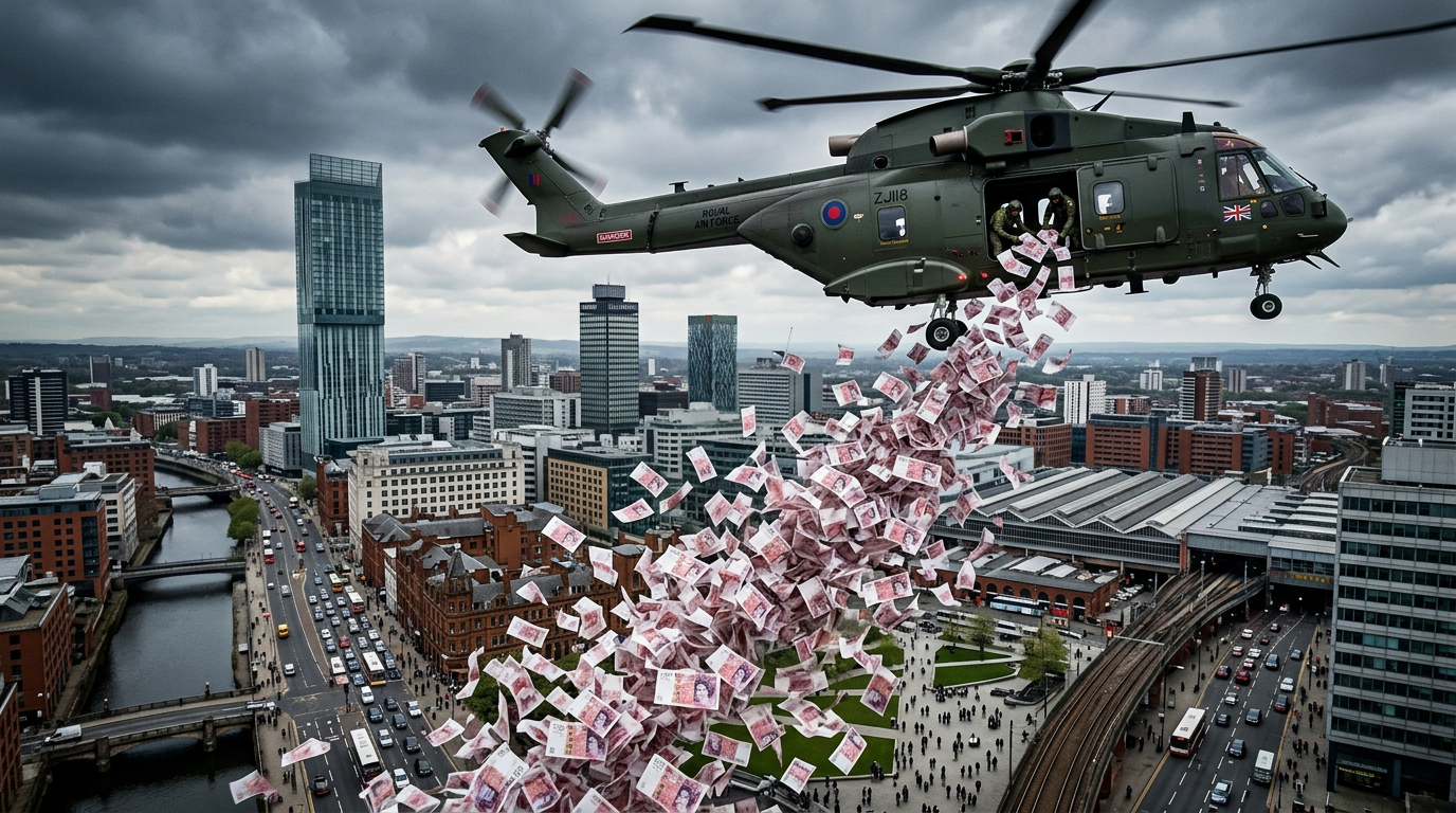 Helicopter dropping money over Manchester