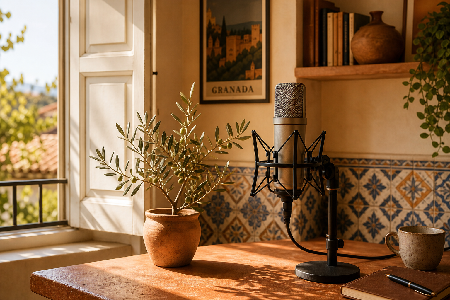 Estudio de grabación mediterráneo con micrófono profesional y vista al patio andaluz